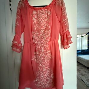 Women's Coral Embroidered Off the Shoulder Dress
